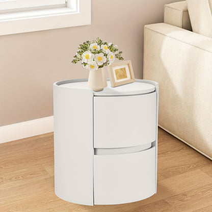 Ronde Nachtkastje – Modern Houten Nachtkastje – Minimalistisch Bedside Cabinet – Tweedelige Ladenkast – Compacte Slaapkamermeubel – Wit – Duurzaam Massief Hout – 45x45x50 cm