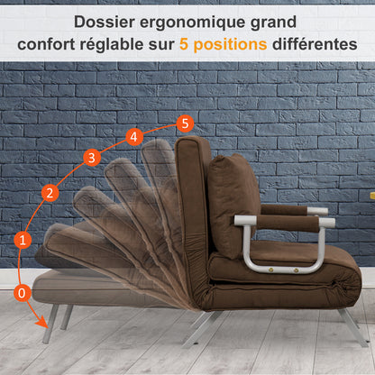 Slaapbank – Slaapfauteuil – Logeerbed – Bedbank – Zitbank – Verstelbare Rugleuning – Suède Bekleding Met Metalen Armleuningen – Bruin – 1-Persoons