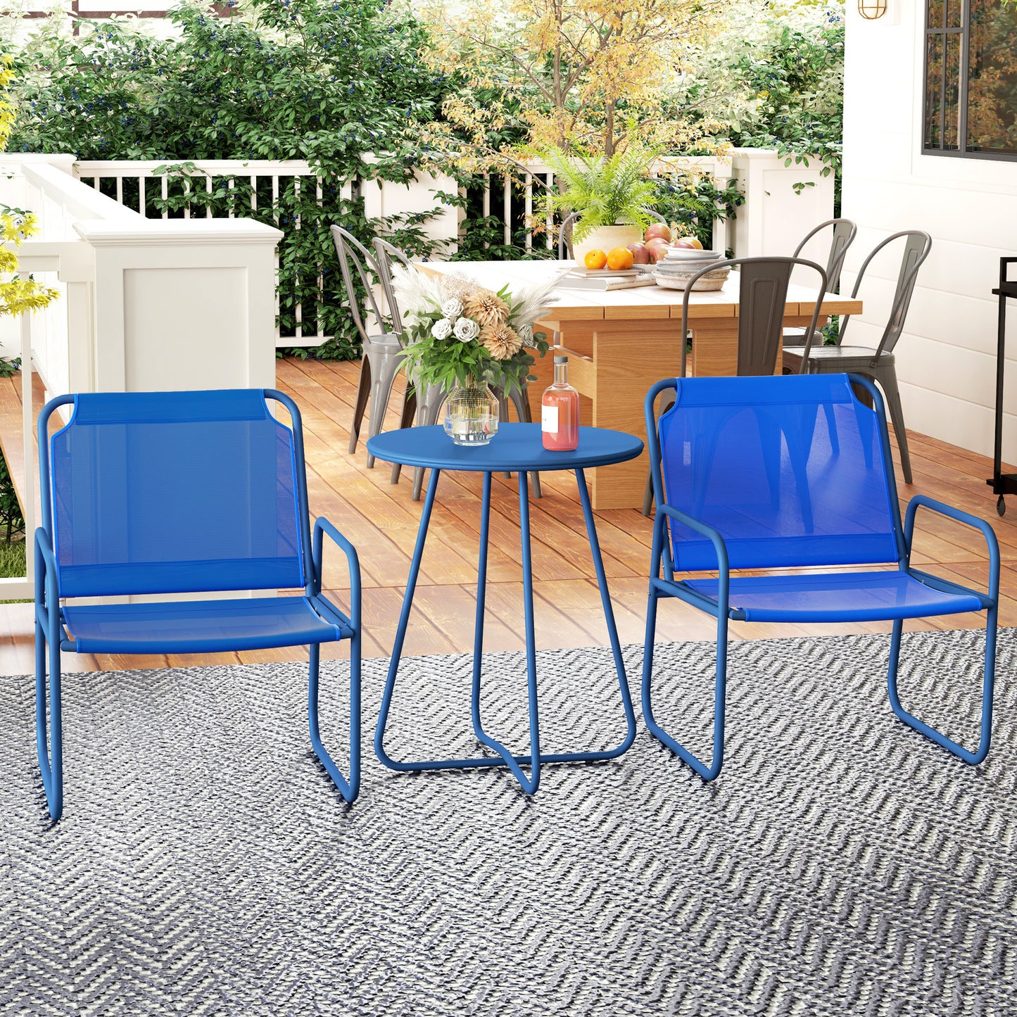 Tuinset – Tuinmeubilair – Terrasset – Bistroset – Loungeset – 2 Stoelen en Ronde Tafel – Stalen Frame en Ademend Textileen – Donkerblauw