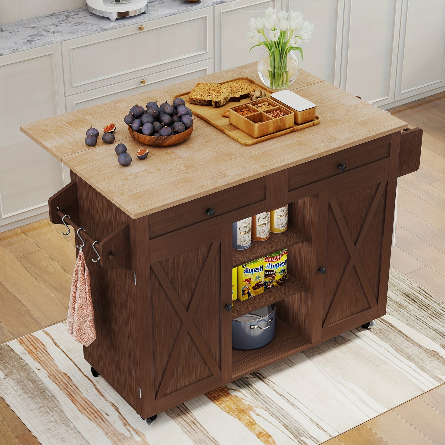 Keukenwagen – Kookeiland – Serviewagen – Opbergwagen – Keukentrolley – Massief Hout – Inklapbaar Met Wieltjes – Verstelbare Planken – Ruimtebesparend Design