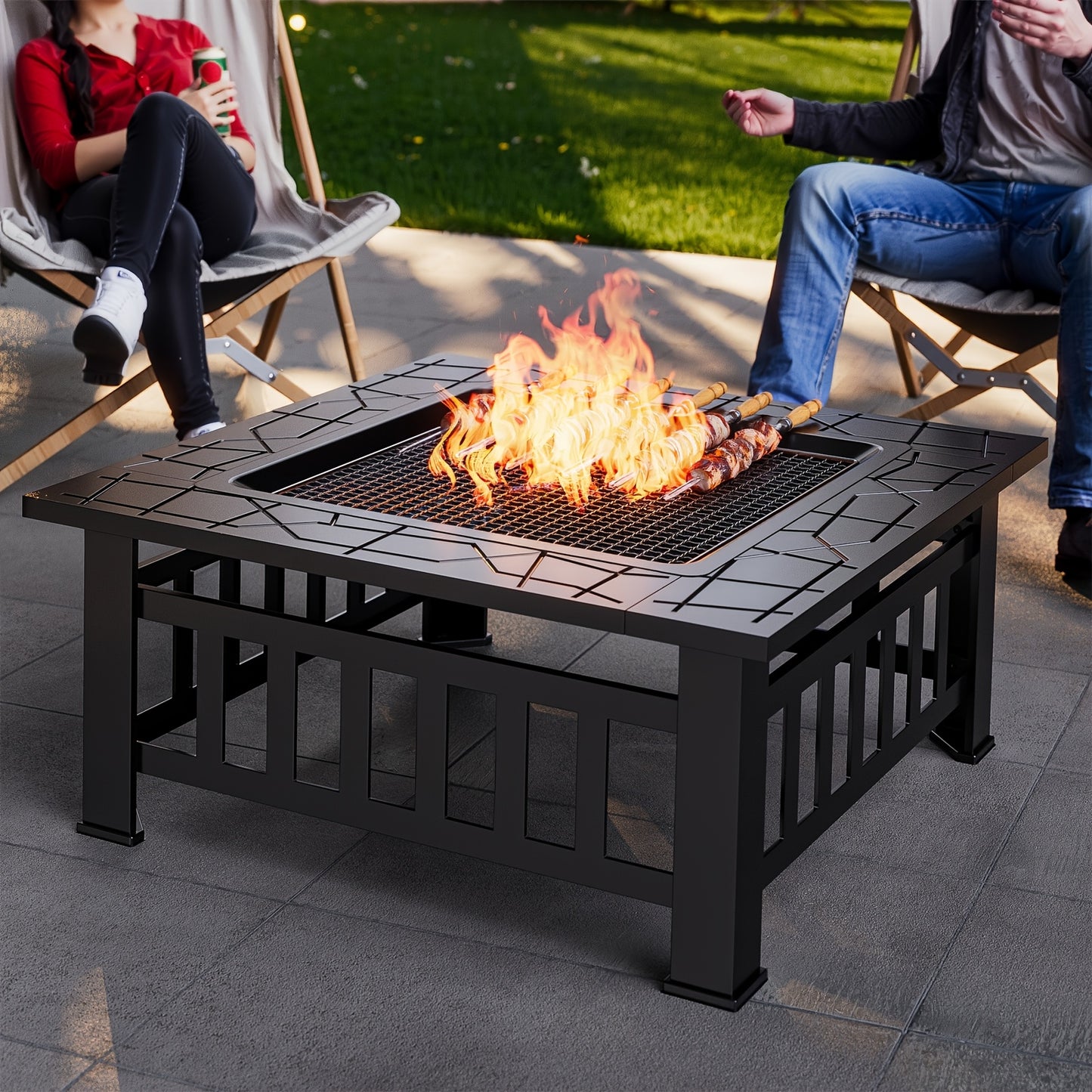 Vuurschaal Vierkant – Vuurkorf – BBQ Grill – Buitenhaard – Tuinhaard – Metaal – Spatscherm – 81x81x35 cm – Inclusief Waterdichte Afdekhoes