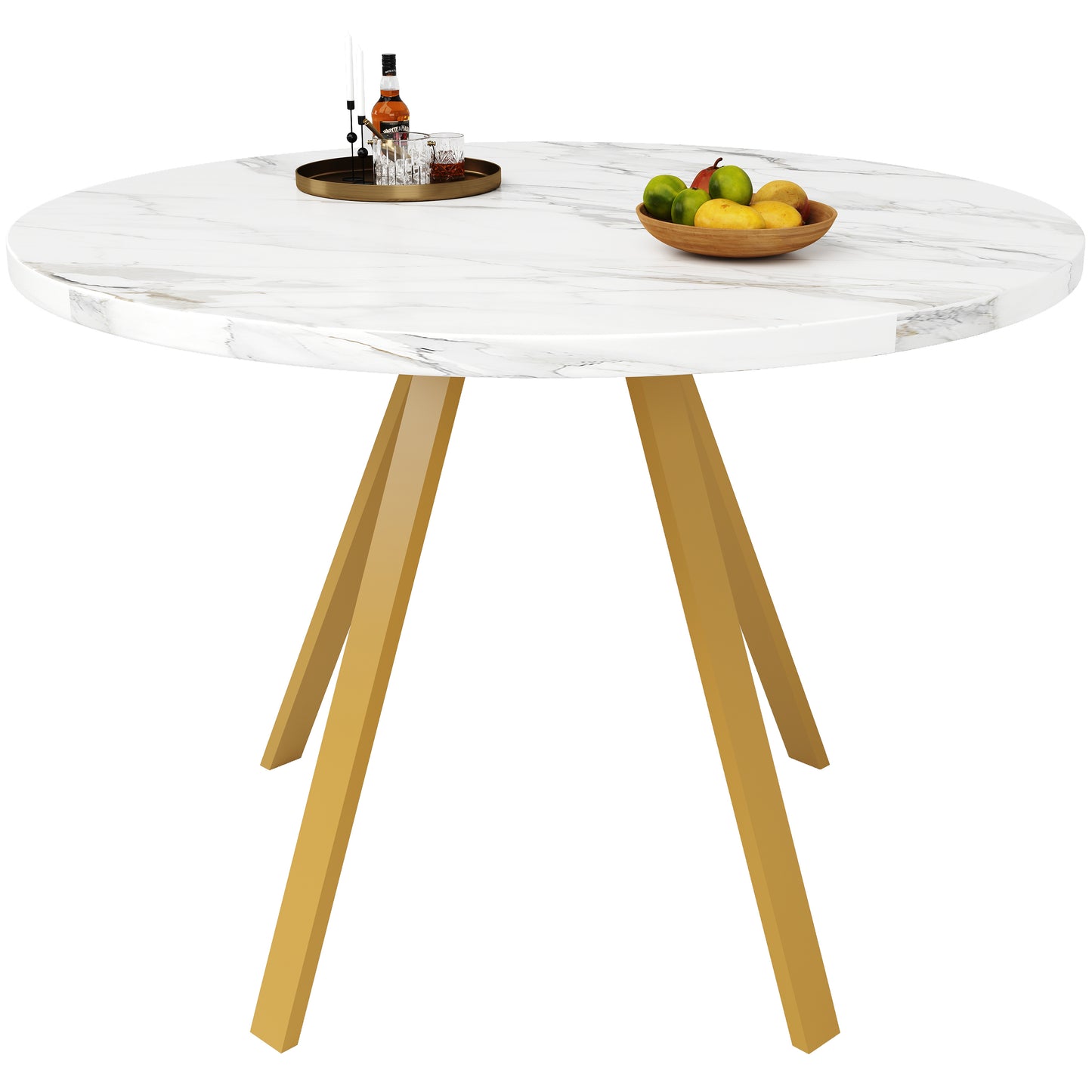 Ronde Eetkamertafel – Eettafel Rond – Design Tafel – Marmerlook Tafel – Kleine Tafel – Goud Metalen Frame – 80 cm Diameter – Geschikt Voor 2-4 Personen