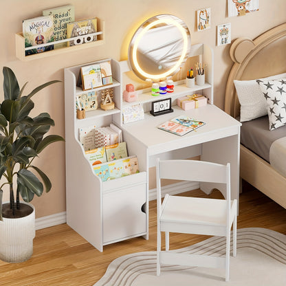 Make-up Tafel – Kaptafel – Schminktafel – Vanity Set – Opmaaktafel – MDF en Hout – Met Spiegel en Krukje – Eenvoudige Montage
