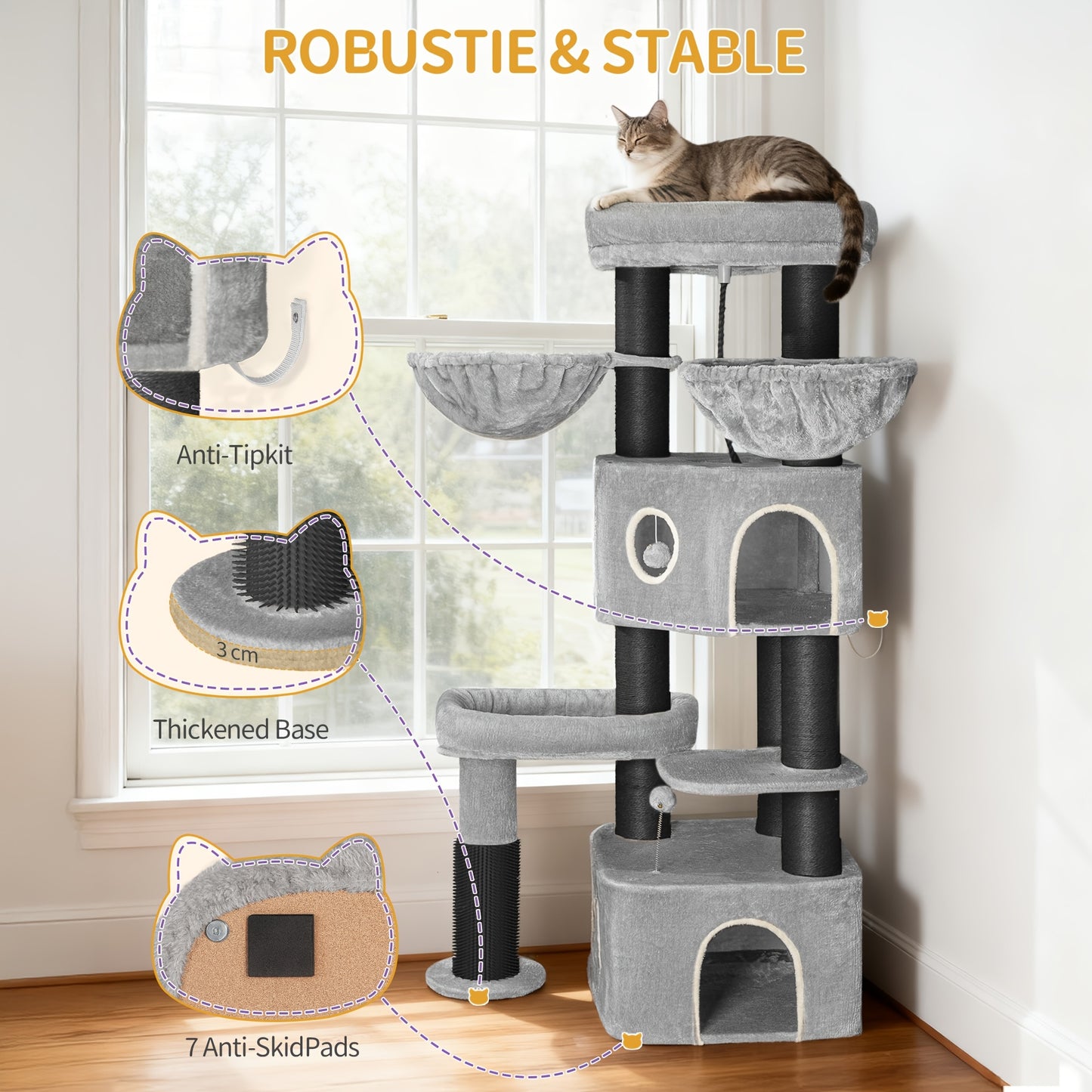 Krabpaal – Kattenboom – Kattenmeubel – Kattentoren – Krabton – 163 cm Hoog – Extra Stevige Sisal Palen voor Grote Katten