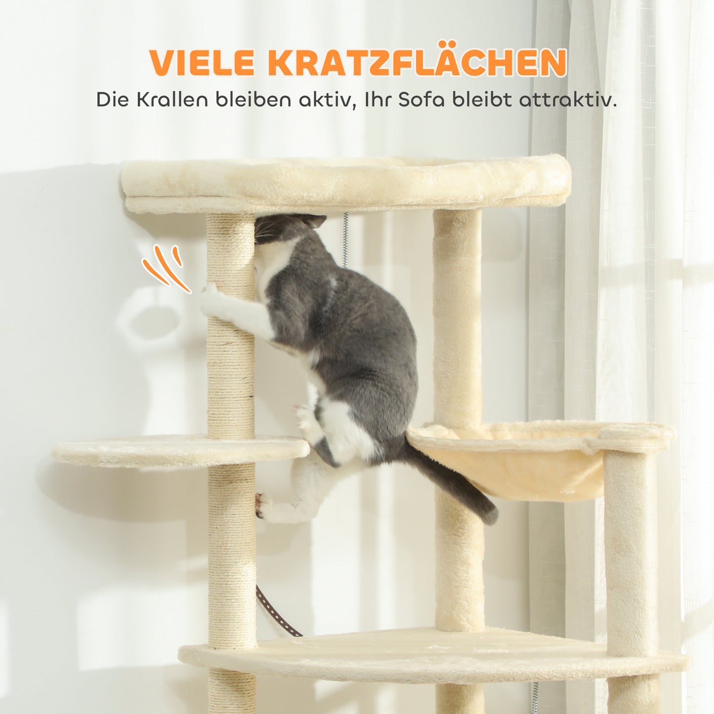 Krabpaal – Krabpaal Voor Katten – Krabmeubel – Kattenboom – Speelpaal Kat – Beige – 2 Meter Hoog – Stevige Constructie Met Kantelbeveiliging