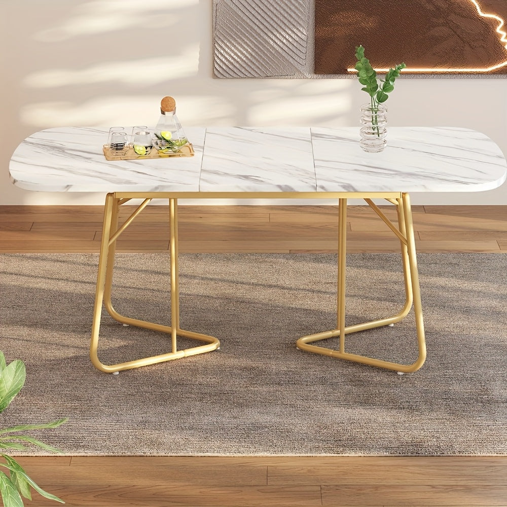 Uitklapbare Eettafel – Uitschuifbare Tafel – Inklapbare Eettafel – Klaptafel – Verlengbare Eettafel – Wit Marmerlook – Goudkleurige Metalen Poot – Geschikt Voor 4-6 Personen