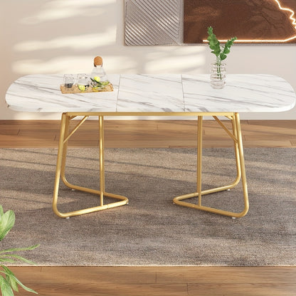 Uitklapbare Eettafel – Uitschuifbare Tafel – Inklapbare Eettafel – Klaptafel – Verlengbare Eettafel – Wit Marmerlook – Goudkleurige Metalen Poot – Geschikt Voor 4-6 Personen