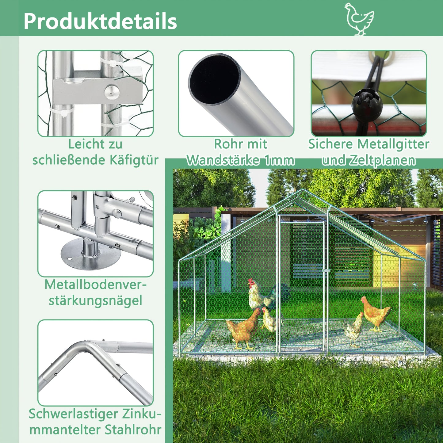 3m x 4m x 2m Outdoor Chicken Coop with Safety Lock and Waterproof PE Fabric, Metal Material, Suitable for Chickens, Rabbits, and Other Small Animals