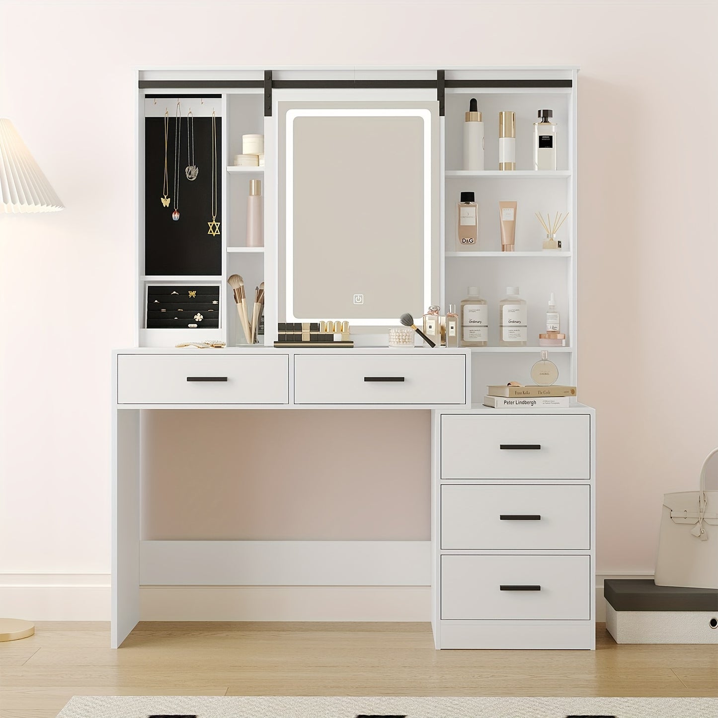 Make-up Tafel – Schminktisch – Kaptafel – Visagie Tafel – Dressing Table – Verstelbare LED-Verlichting – Grote Afneembare Spiegel – 5 Lades – Zijtafeltje – Wit