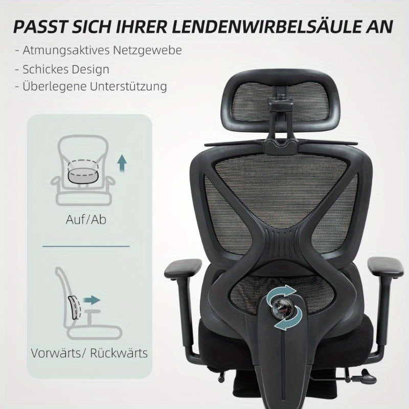 Bureaustoel – Ergonomische Stoel – Office Chair – Draaistoel – Kantoorstoel – Verstelbare Mesh Rugleuning – 3D Armleuningen & Lendensteun – Ademend Zwart – Kantelfunctie, Voetensteun & Jashanger