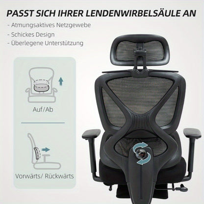 Bureaustoel – Ergonomische Stoel – Office Chair – Draaistoel – Kantoorstoel – Verstelbare Mesh Rugleuning – 3D Armleuningen & Lendensteun – Ademend Zwart – Kantelfunctie, Voetensteun & Jashanger