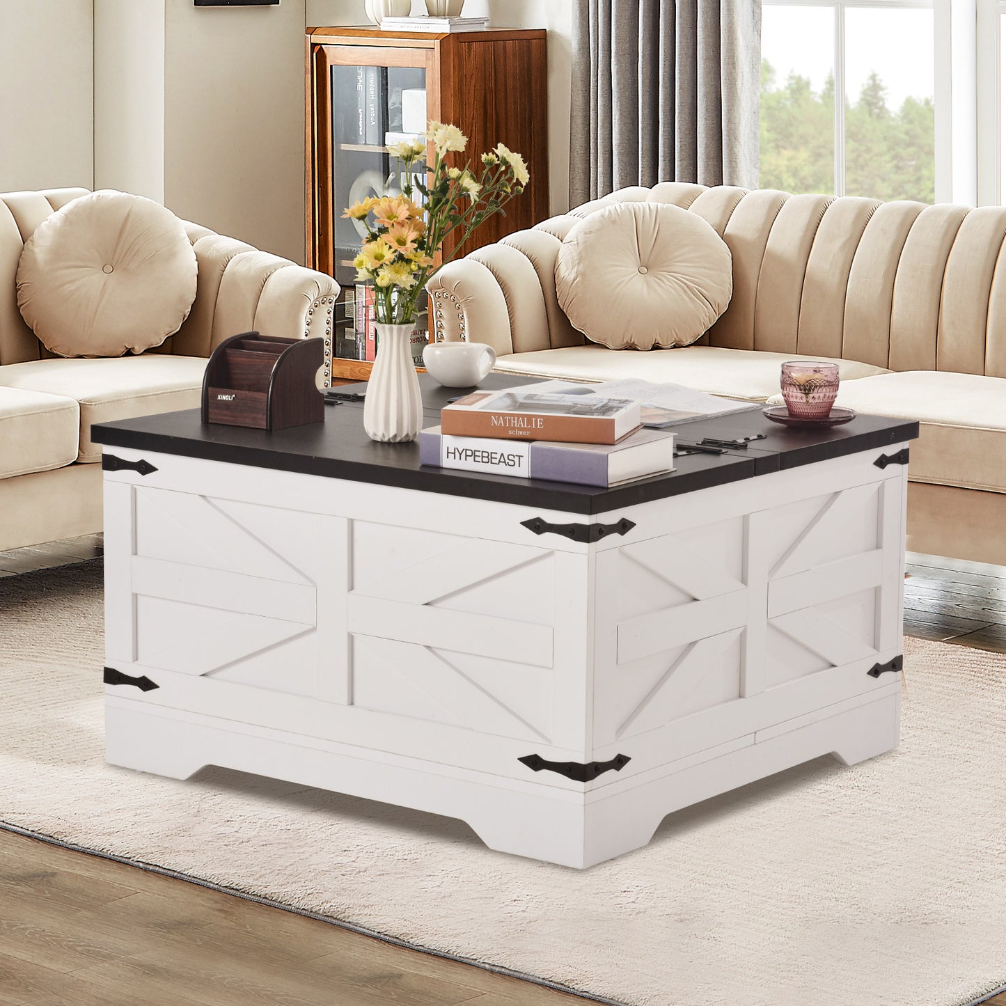 Salontafel – Woonkamertafel – Bijzettafel – Koffietafel – Tafel – Vierkant – Met Opbergruimte – Hout – Kantelbaar Tafelblad – 80x80 cm – Zwart-Wit