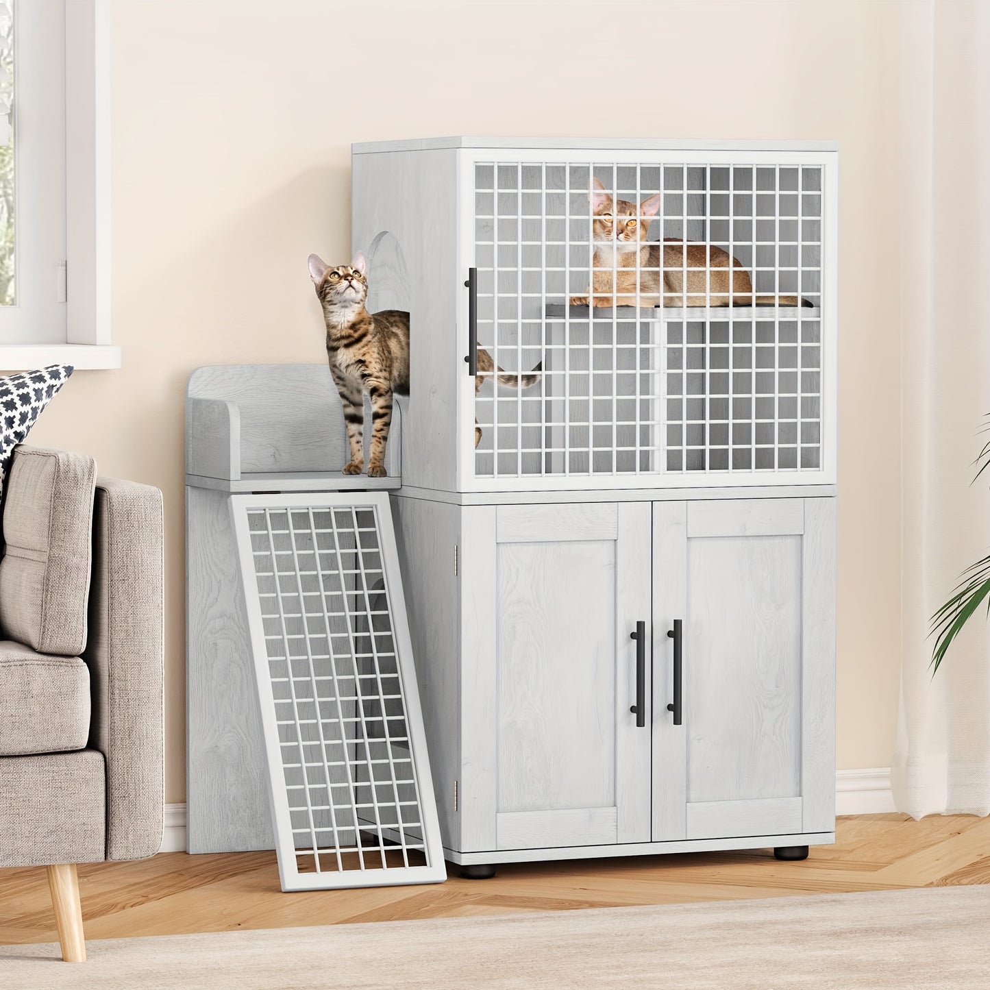 3-Laags Houten Kattenren – Kattenkooi – Kattenverblijf – Kattenhuis – Kattencondo – Met Trappen En Krabpalen – Ventilatiegaas En Afneembare Lade – Wit