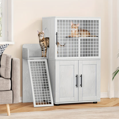 3-Laags Houten Kattenren – Kattenkooi – Kattenverblijf – Kattenhuis – Kattencondo – Met Trappen En Krabpalen – Ventilatiegaas En Afneembare Lade – Wit