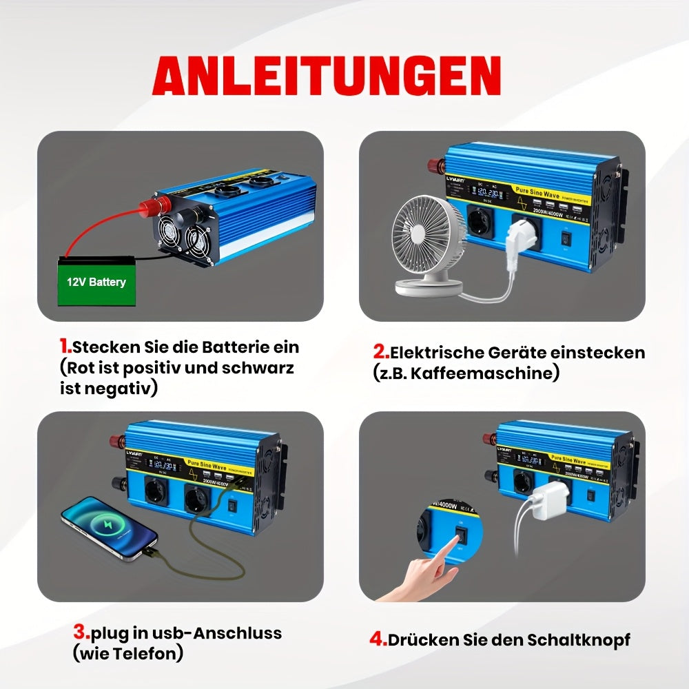 Omvormer Auto – Stroomadapter – Spanningsomzetter – Inverter – Converter – 2000W Continu Vermogen – Pure Sinusgolf Met LCD Display