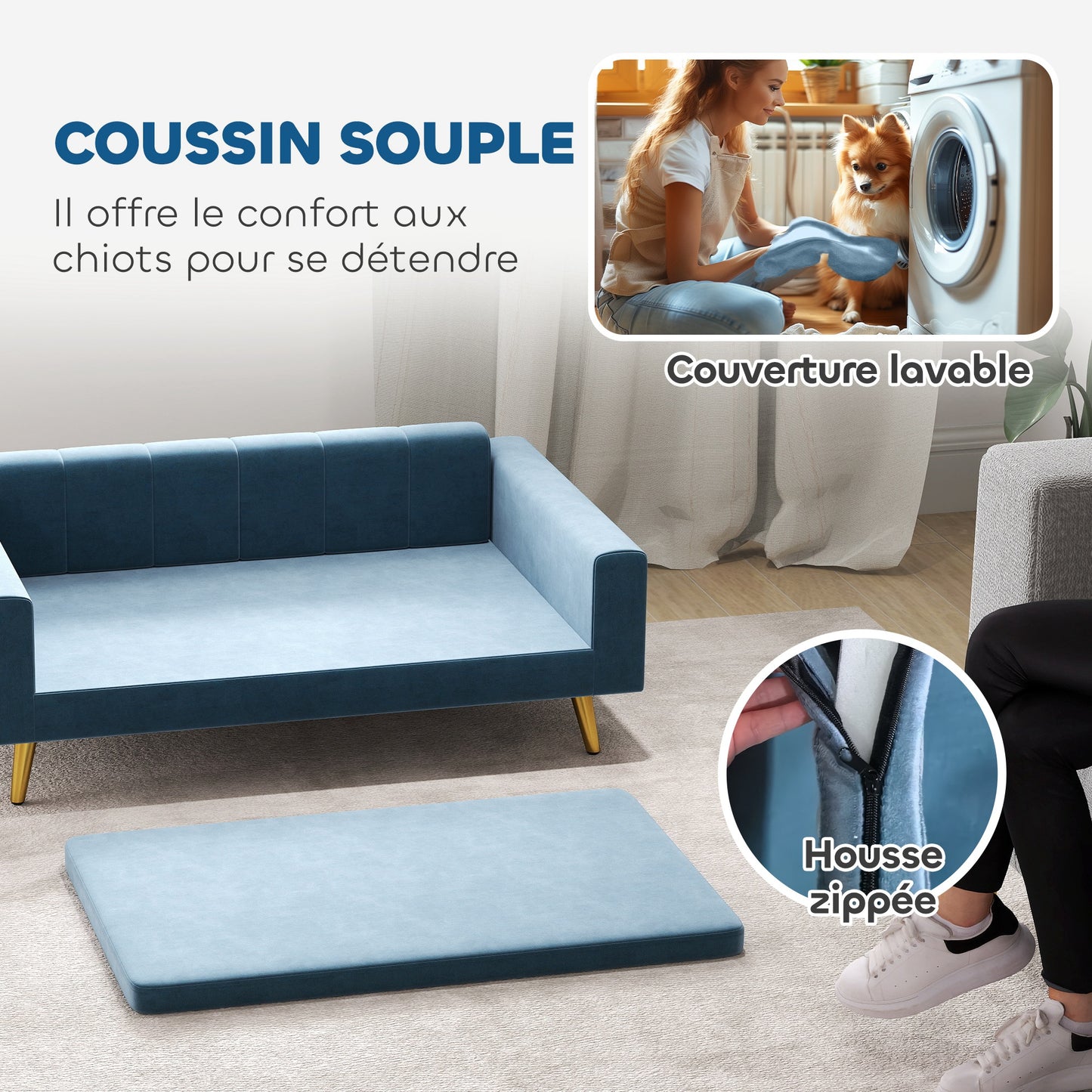Hondenmand – Hondensofa – Hondenbed – Donutmand – Dierenmand – Velvet Bekleding – Roestvrijstalen Poten – 94x59,5x31,5 cm – Blauw