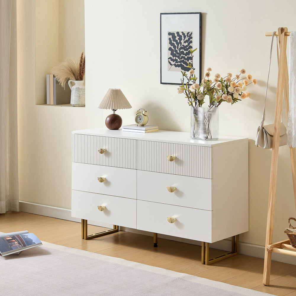 Dressoir – Sideboard – Ladekast – Opbergkast – Commode – Wit met Gouden Accenten – 6 Laden – 120x40x75 cm – Eigentijds Design