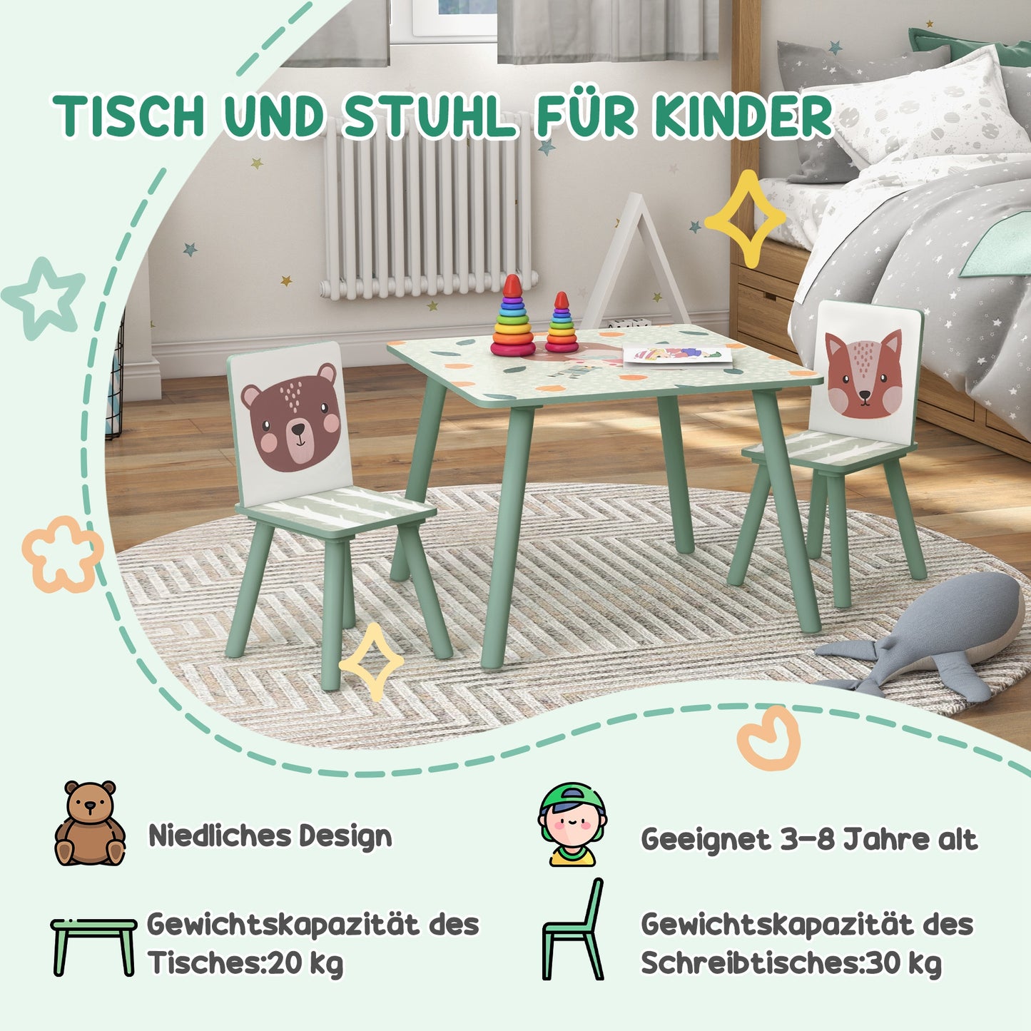 Speelset kinderstoelen met tafel – kindertafel set – kindermeubel – kinderstoeltje – kids meubel – Groen – duurzaam kunststof – veilig afgeronde hoeken