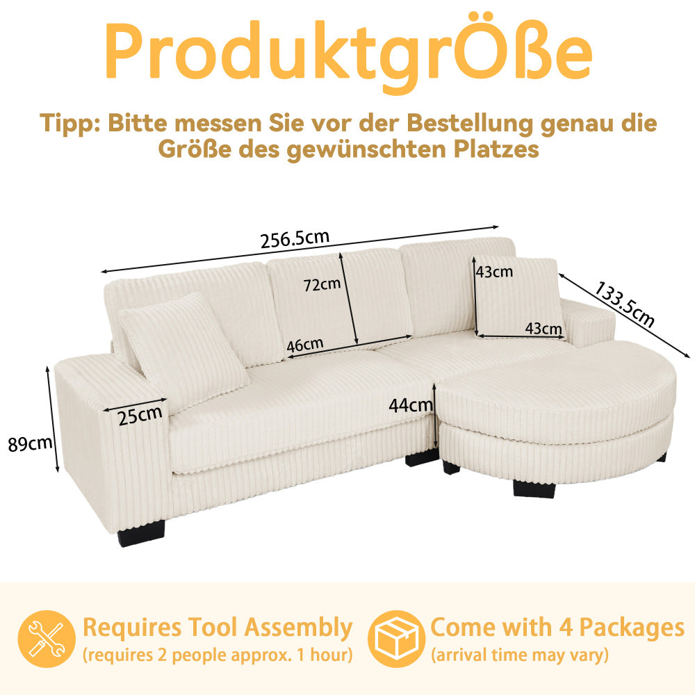 4-Zits Hoekbank – L-Vormige Bank – Sofa – Modulair – Hoekbank Met Poef – Corduroy Bekleding – Inclusief 2 Kussens – Comfortabel & Stijlvol