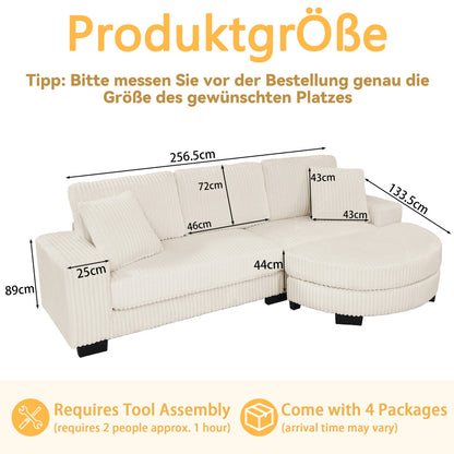 4-Zits Hoekbank – L-Vormige Bank – Sofa – Modulair – Hoekbank Met Poef – Corduroy Bekleding – Inclusief 2 Kussens – Comfortabel & Stijlvol