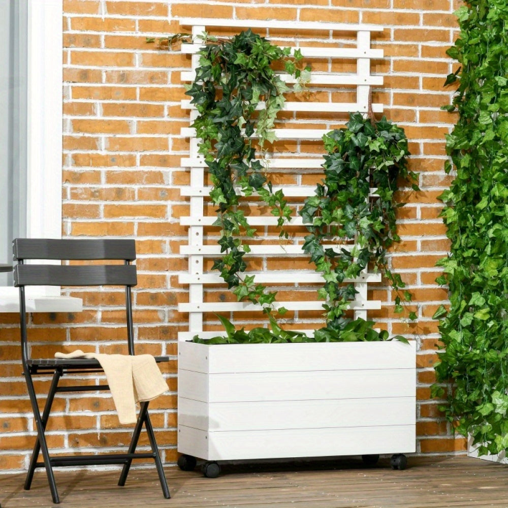 Plantenbak – Bloemenbak – Tuinbak – Plantenbak Met Klimrek – Verhoogde Bak – Duurzaam Hout – Met Wielen En Remmen – 76x30x155 cm