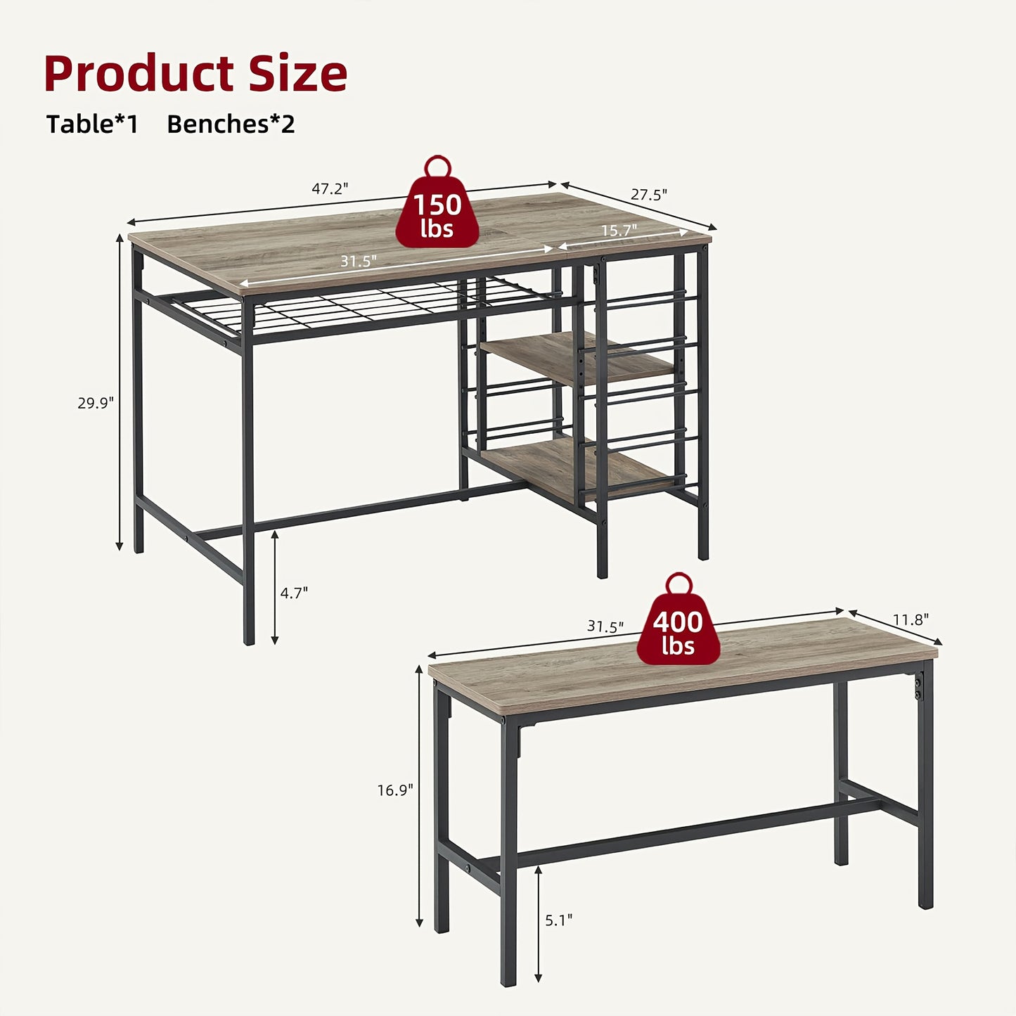 Eettafel Set 3-Delig – Keukentafel – Tafel Met Bank – Bistro Set – Kleine Eettafel – Compact Ontwerp – Hardhouten Blad & Wijnrek – Zwart Metalen Frame – Ruimtebesparend Voor Kleine Woonruimtes