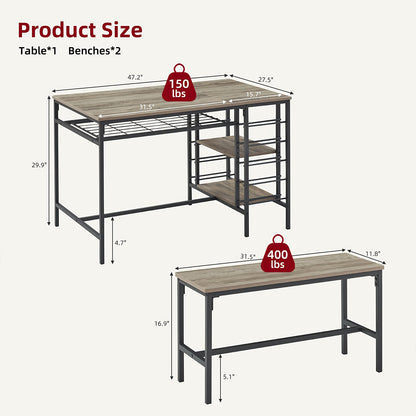 Eettafel Set 3-Delig – Keukentafel – Tafel Met Bank – Bistro Set – Kleine Eettafel – Compact Ontwerp – Hardhouten Blad & Wijnrek – Zwart Metalen Frame – Ruimtebesparend Voor Kleine Woonruimtes