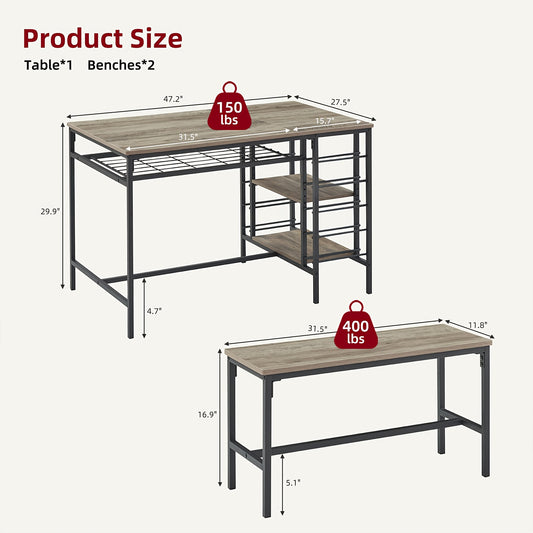 Eettafel Set 3-Delig – Keukentafel – Tafel Met Bank – Bistro Set – Kleine Eettafel – Compact Ontwerp – Hardhouten Blad & Wijnrek – Zwart Metalen Frame – Ruimtebesparend Voor Kleine Woonruimtes