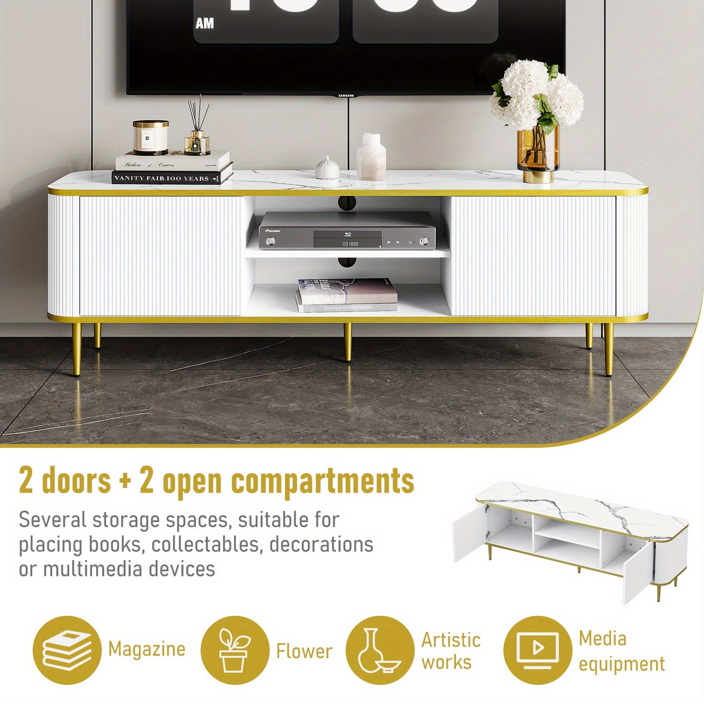Tv-meubel – Tv-kast – Entertainment Center – Mediameubel – Tv-standaard – 140 cm Breed – Hoogwaardig Massief Hout – Verstelbare Planken Met Kabelbeheer