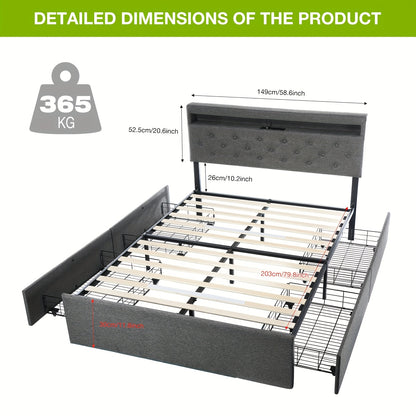140x200 cm Tweepersoonsbed Frame – Gestoffeerd Platformbed met Opberghoofdeinde & 4 Laden – Linnen Grijs, Metaal-Hout Frame, Modern en Eenvoudig te Monteren