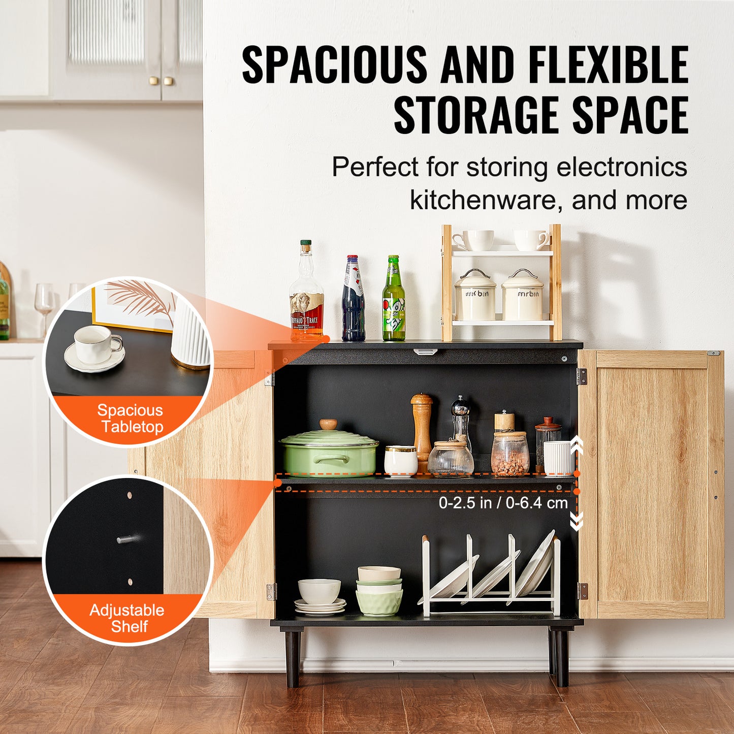 Kast – Opbergkast – Rattan Kast – Dressoir – Buffetkast – Handgeweven Rattan Deuren – Verstelbare Legplanken – Zwart – Magnetische Deuren