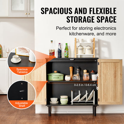 Kast – Opbergkast – Rattan Kast – Dressoir – Buffetkast – Handgeweven Rattan Deuren – Verstelbare Legplanken – Zwart – Magnetische Deuren