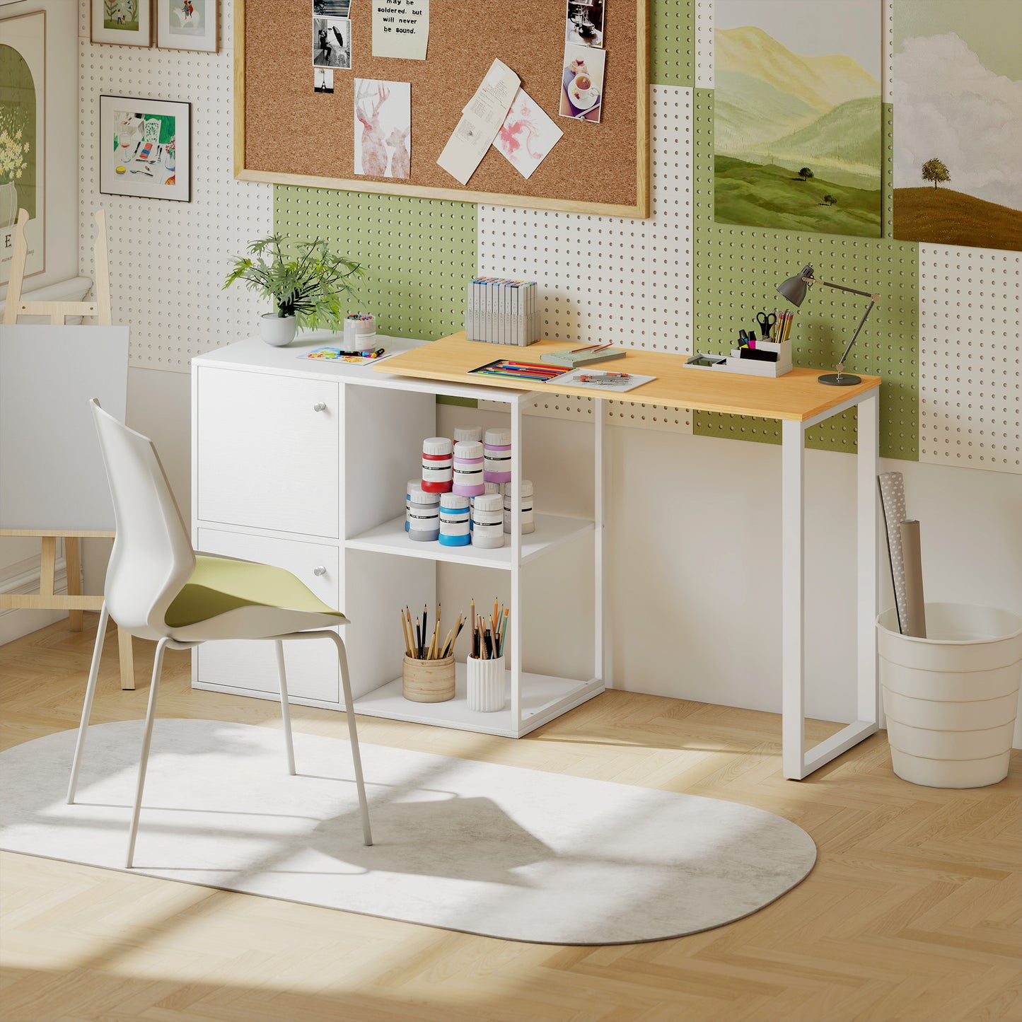 L-Vormig Bureau – Hoekbureau – Werkplek – Computertafel – Thuiswerkplek – Wit – 360° Draaibare Hoek – 2 Afsluitbare Kasten & 2 Open Planken – Compact 150x40x75 CM