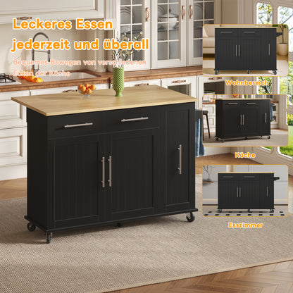 Keukenwagen – Keukentrolley – Keukenkar – Serveerwagen – Mobiele Keukenhulp – Zwart – Uitklapbaar Werkblad 120×65 cm – 3-Laags Uittrekbare Organizer Met 2 Lades