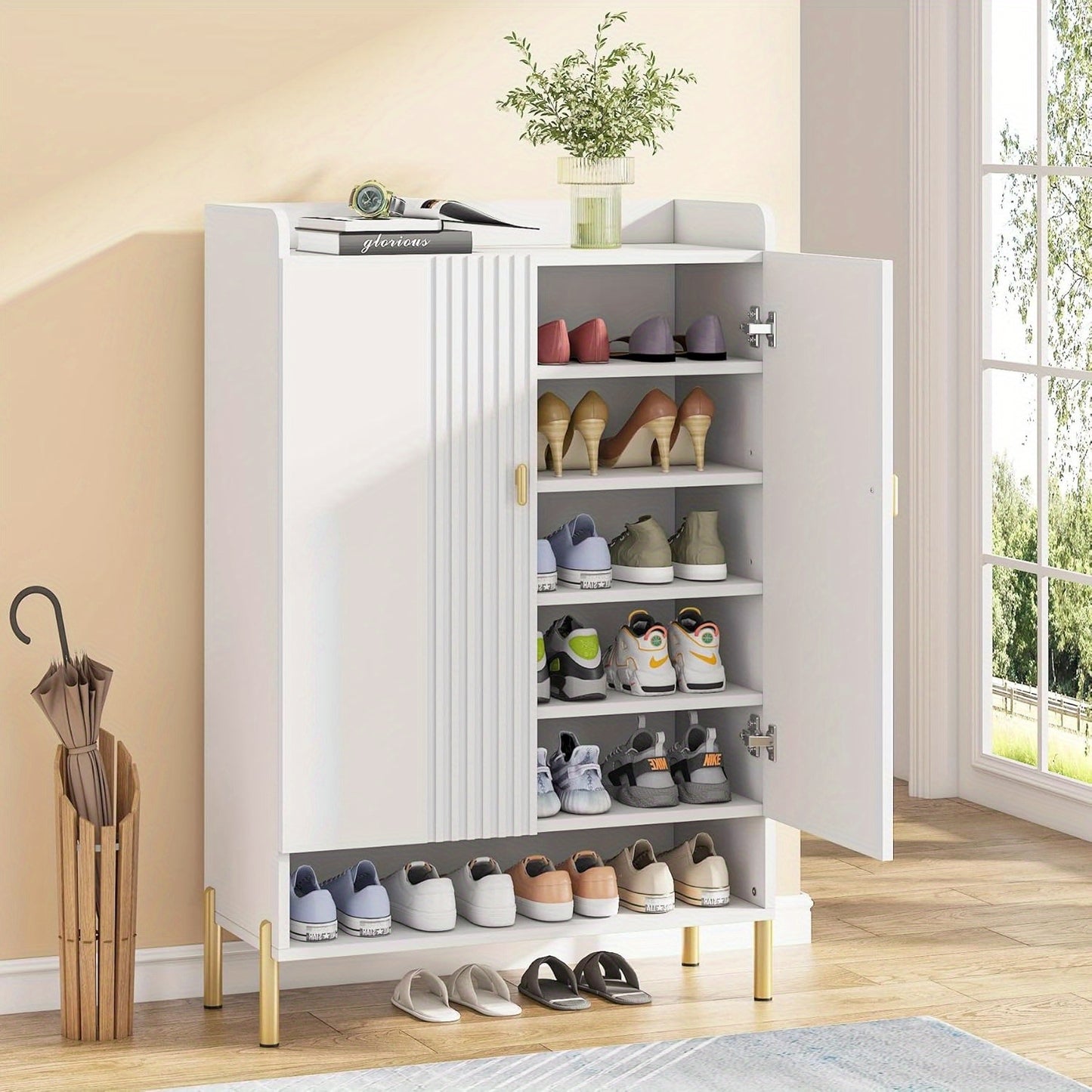 Schoenenkast – Schoenopberger – Schoenrek – Schoenmeubel – Schoenhouder – 6-laags Met Deuren – Verstelbare Planken – Wit Met Gouden Poten