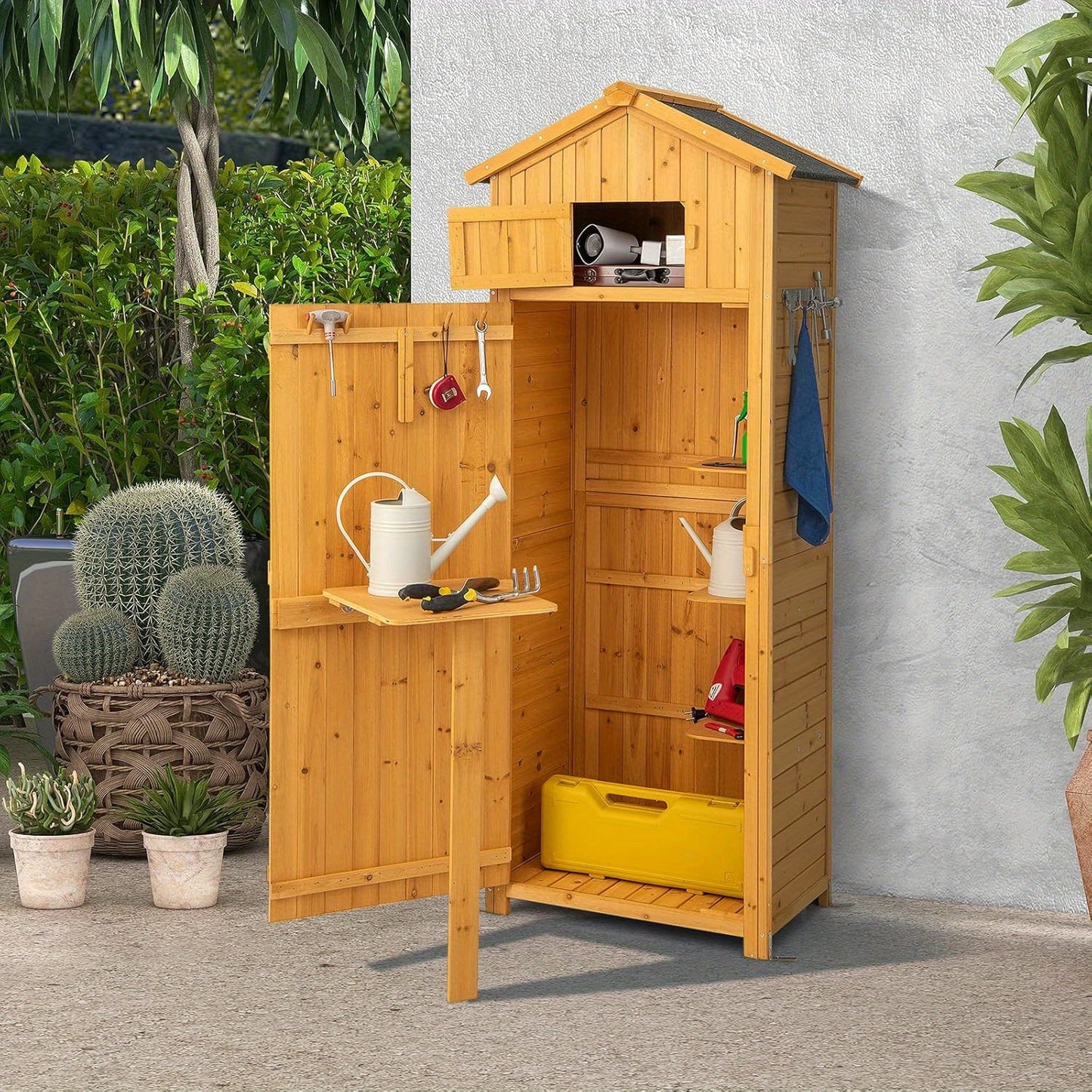 Houten Tuinkast – Tuinopberger – Buitenberging – Tuinberging – Opbergkast Tuin – 180,5 CM Hoog – Afsluitbare Deuren Met Inklapbare Tafel