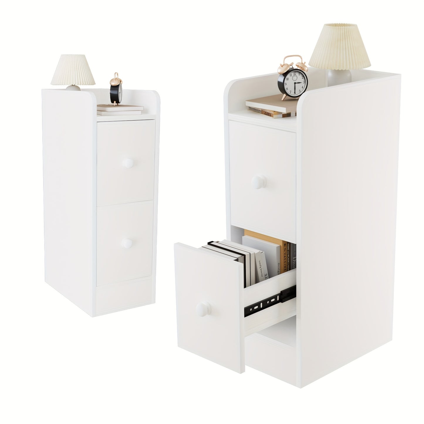 Nachtkastje – Bedside Table – Bijzettafel – Opbertkastje – Smal Kastje – Wit – Ruimtebesparend – 2 Laden Met Soepele Glijders