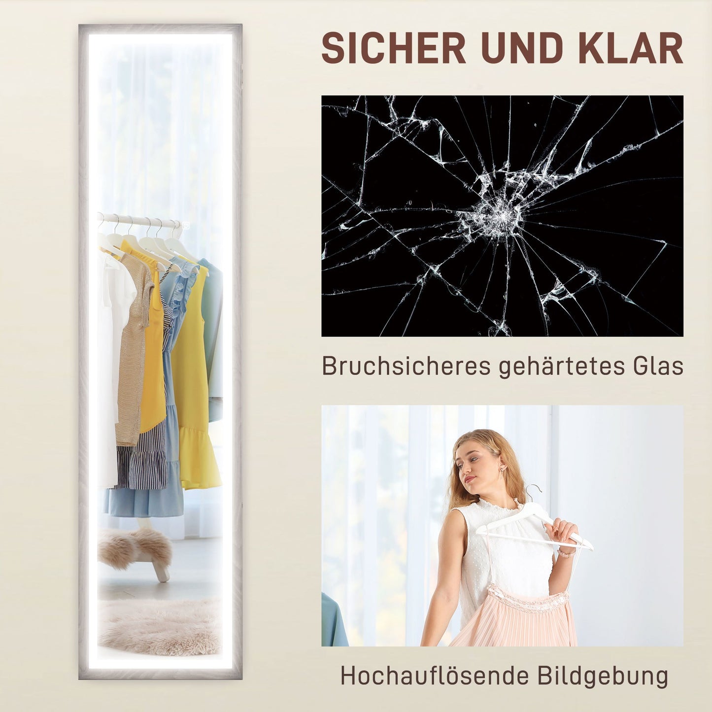LED Spiegel – Volledige Lengte Spiegel – Wandspiegel – Passpiegel – Make-up Spiegel – 40x160 cm – Dimbare Touch Verlichting – 3 Lichtkleuren – Grijs