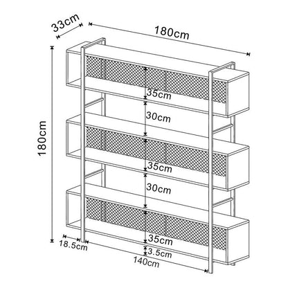 Boekenkast – Vakkenkast – Opbergkast – Open Kast – Wandrek – Zwart Metalen Frame – 3 Ruime Vakken – 180x180x33 cm