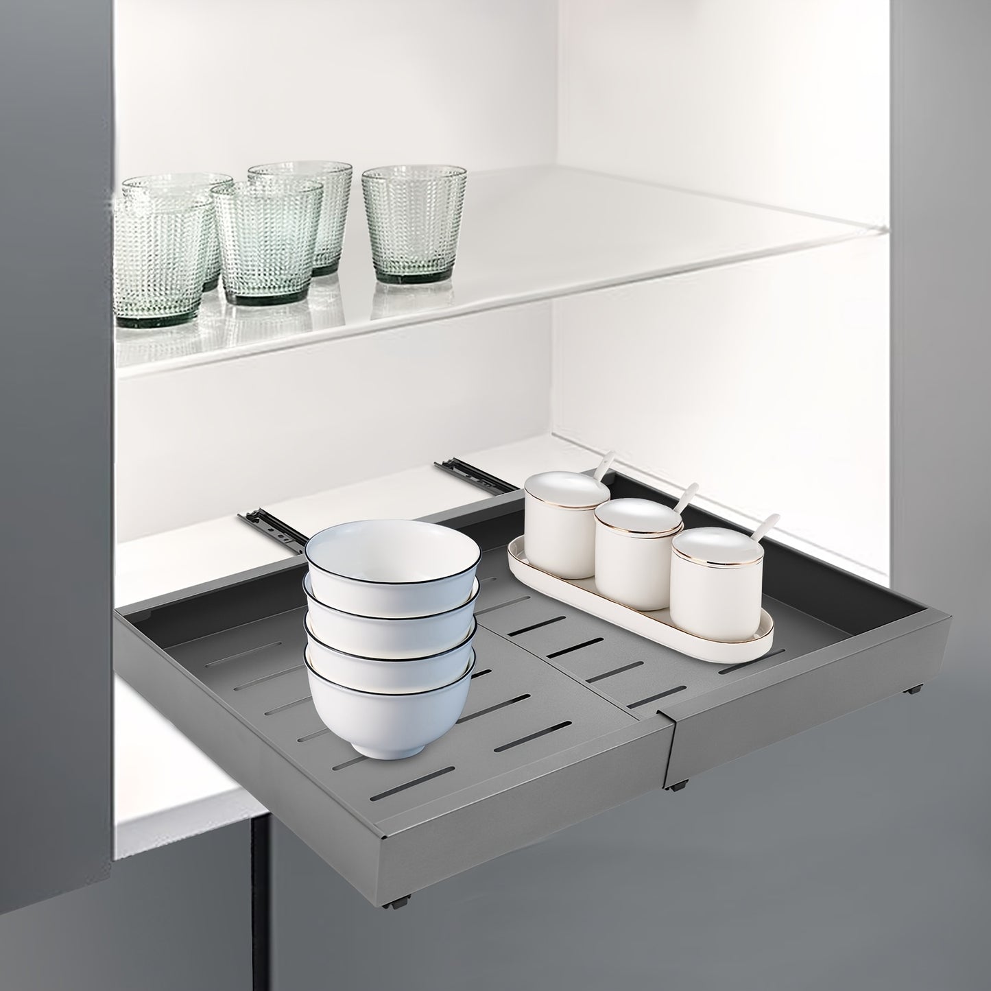 Keukenkast Organizer – Gootsteenkast Organizer – Kastorganizer – Lade Organizer – Uitschuifbare Lade – Metaal – Verstelbaar 32-52 cm – Draagkracht 15 kg – Grijs