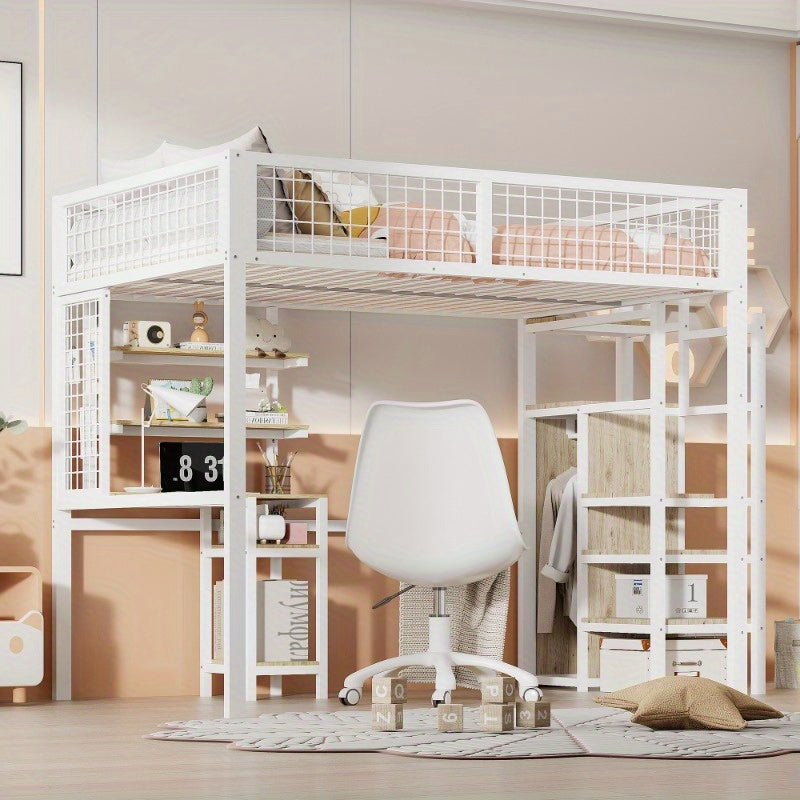 Hochslaper 140x200 – Hoogslaper – Halfhoogslaper – Stapelbed – Kinderbed – Met Veiligheidsrail – Met Metalen Frame – Inclusief Kledingkast en Bureau – Wit – Compact en Ruimtelijk