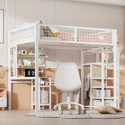Hochslaper 140x200 – Hoogslaper – Halfhoogslaper – Stapelbed – Kinderbed – Met Veiligheidsrail – Met Metalen Frame – Inclusief Kledingkast en Bureau – Wit – Compact en Ruimtelijk