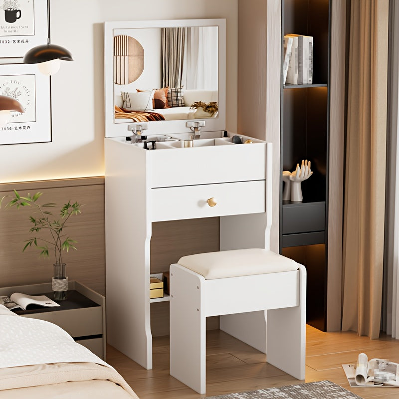 Kaptafel – Make-uptafel – Ladekast – Nachtkastje – Kapspiegel – Multifunctioneel 3-in-1 ontwerp – Duurzaam wit hout met gehard glas