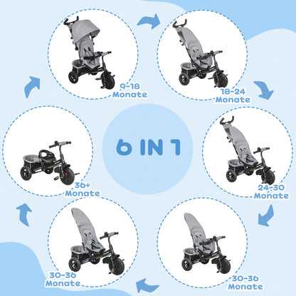Kinderdriewieler – Driewieler Voor Kinderen – Kinderfiets – Loopfiets – Fiets Met Bekerhouder – Grijs – Met Stevig Metalen Frame – Beschermend Zonnescherm