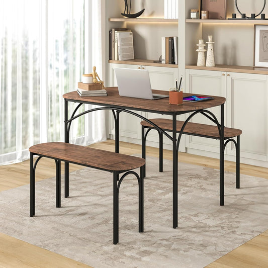 Eettafelset – Eethoek – Keukentafel – Tafel Met Banken – Industriële Tafelset – Vintage Bruin – Metalen Frame – Ruime Zitplaats Voor 4 Personen