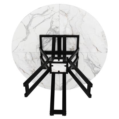 Ronde Eettafel – Eettafel Rond – Design Tafel – Marmerlook Tafel – Keukentafel – Diameter 100 cm – Zwart Metalen Frame