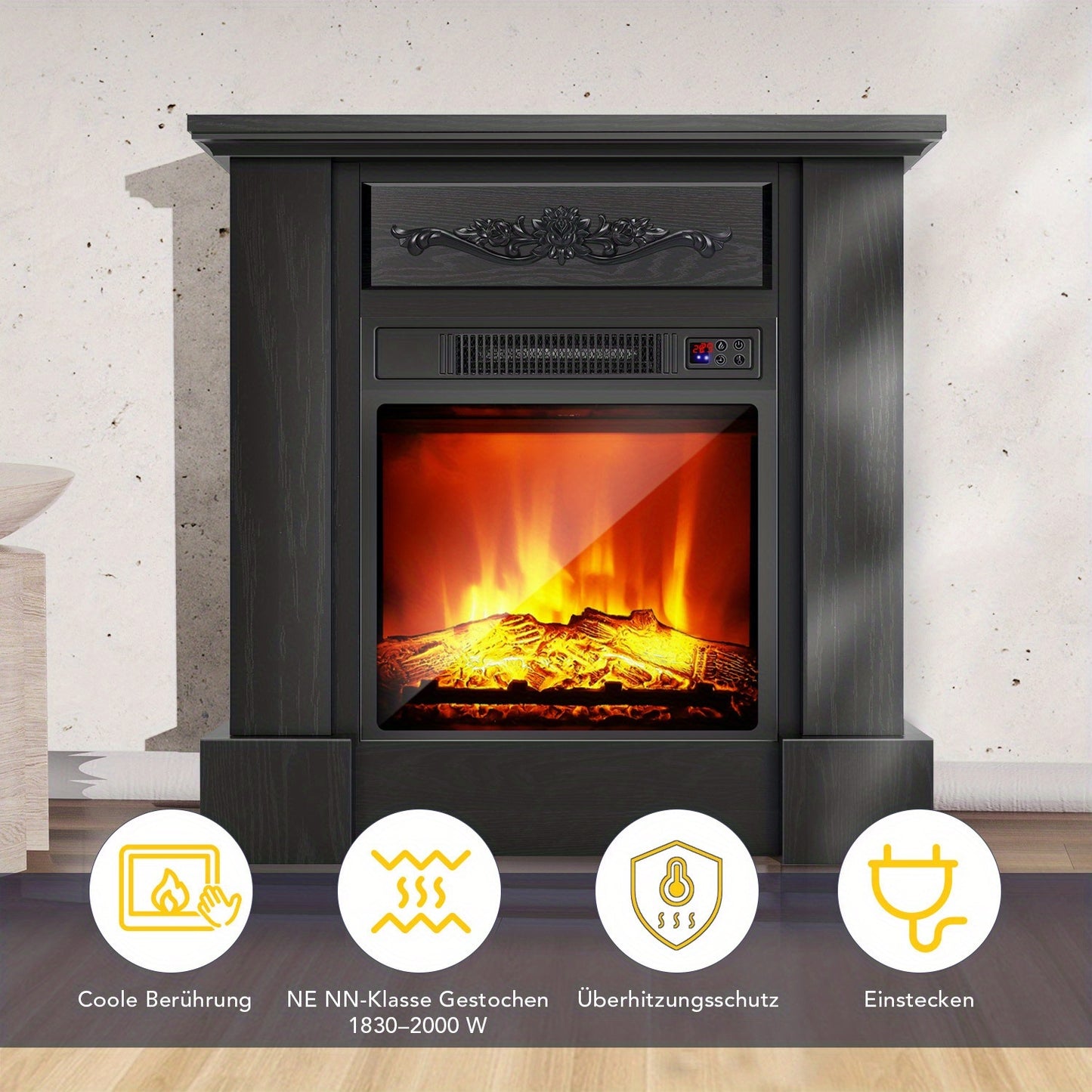 Elektrische Haard – Haardmeubel – TV Meubel – Sfeerkachel – Infraroodkachel – Zwart – 2000W Verwarming – Realistisch Vlameffect