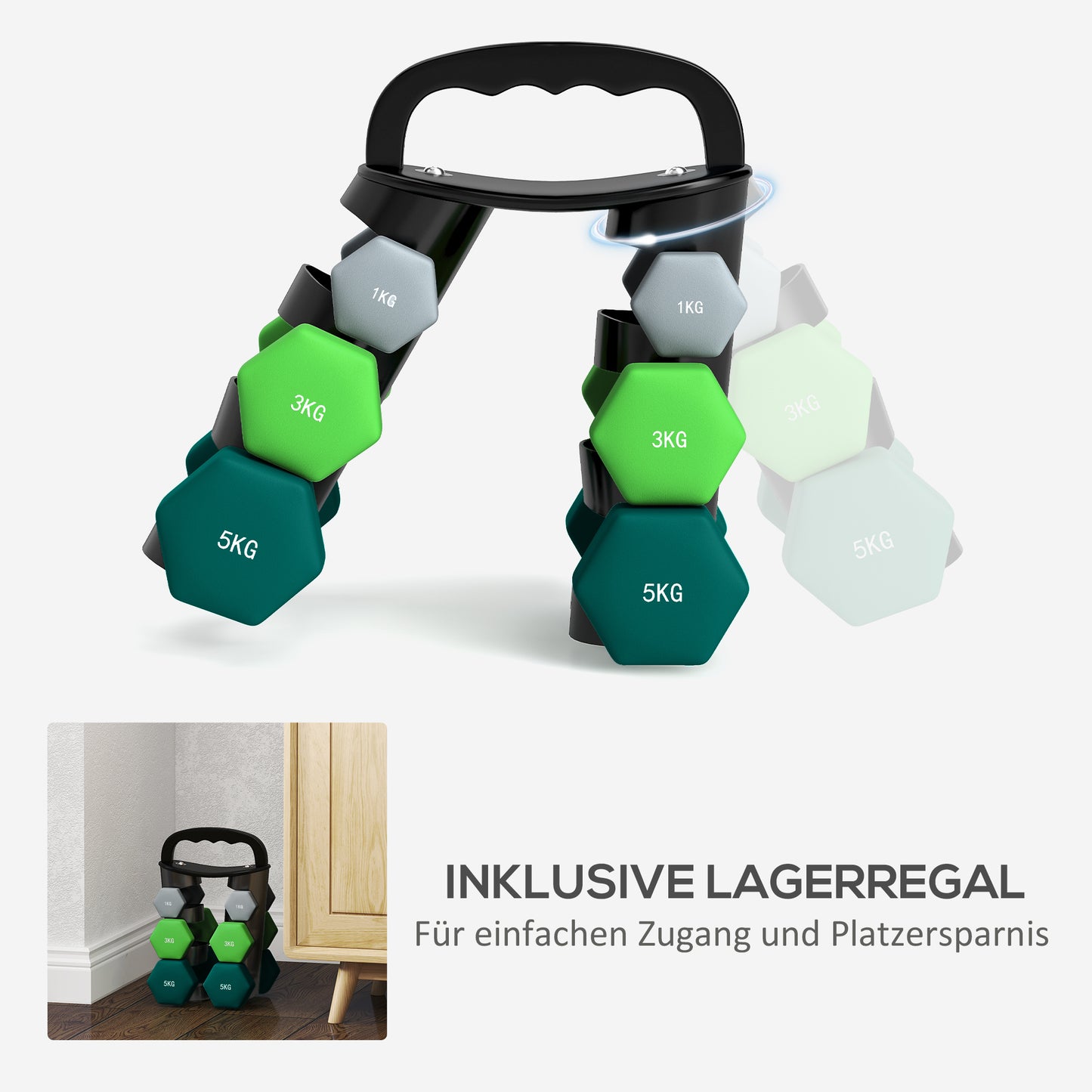 Halterset – Dumbbells – Dumbbellset – Gewichten – Fitnessset – 6-delig – Verstelbare gewichten 1-5 kg – Inclusief compact opbergrek