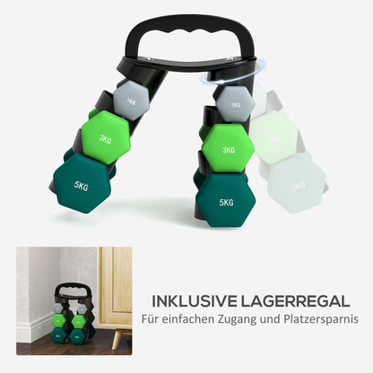 Halterset – Dumbbells – Dumbbellset – Gewichten – Fitnessset – 6-delig – Verstelbare gewichten 1-5 kg – Inclusief compact opbergrek