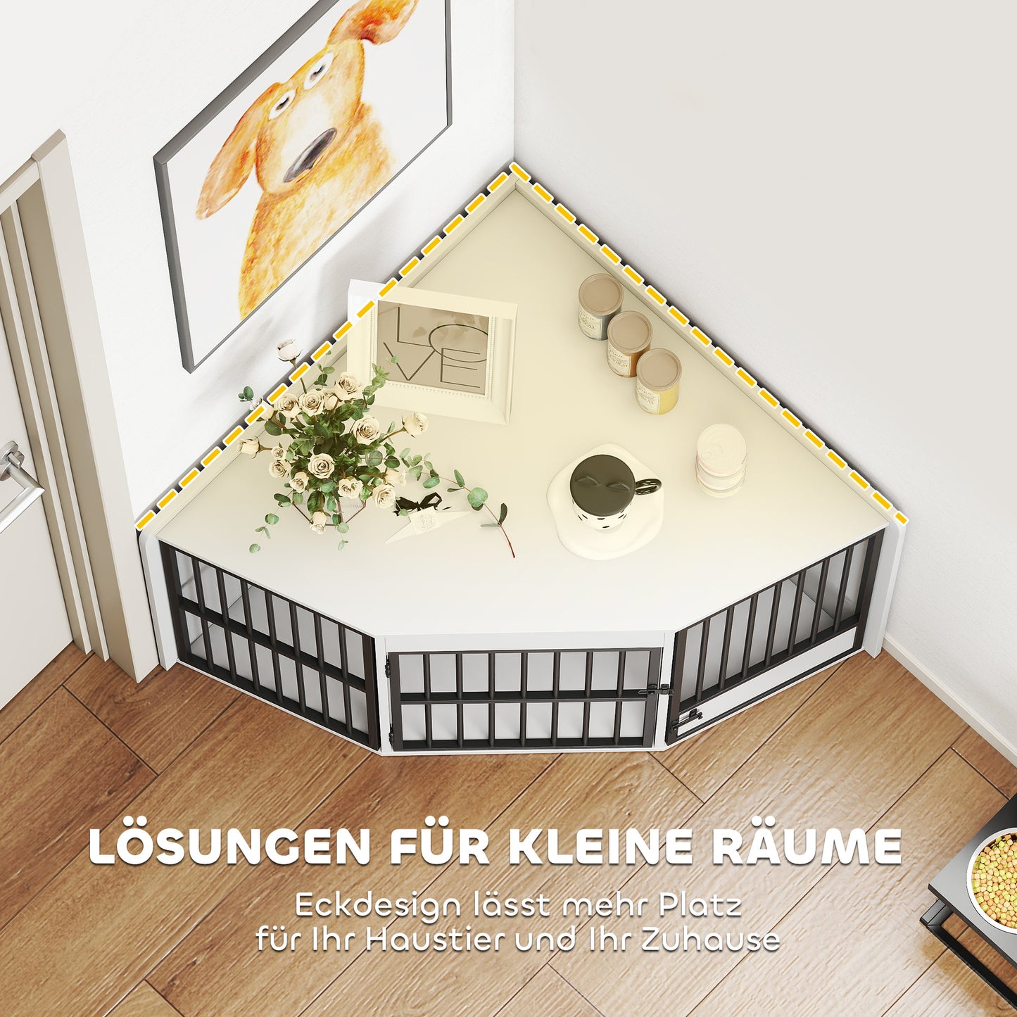Hondenbench – Hondenhok – Hondenkooi – Transportbench – Reisbench – Hoekontwerp – Met Voerluik – Metaal & MDF – Wit – Voor Kleine en Middelgrote Honden